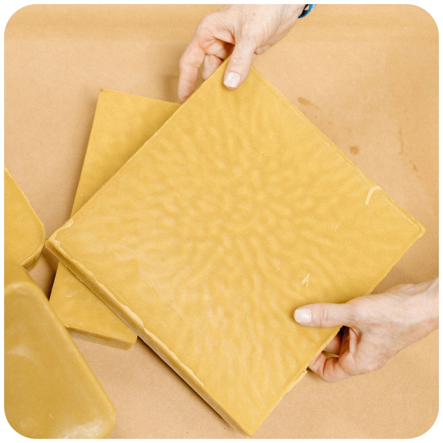 Becca holding some beeswax for sale