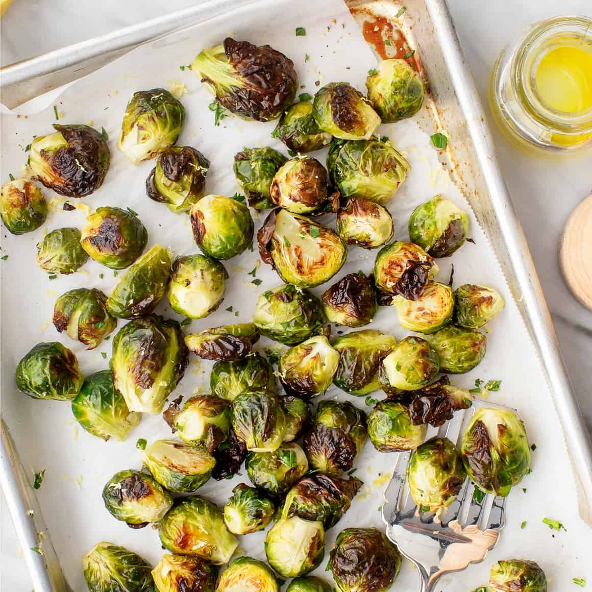 Brussels sprouts on a sheet pan.