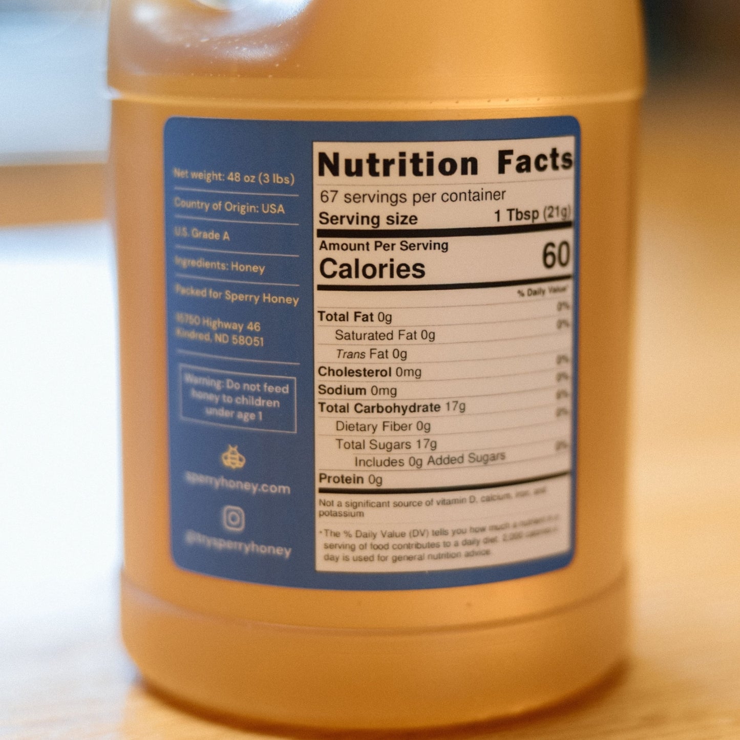 A closeup on the nutrition label of our clover honey.