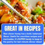 Sesame-covered dish with chopsticks and text about raw unfiltered clover honey's uses in recipes.