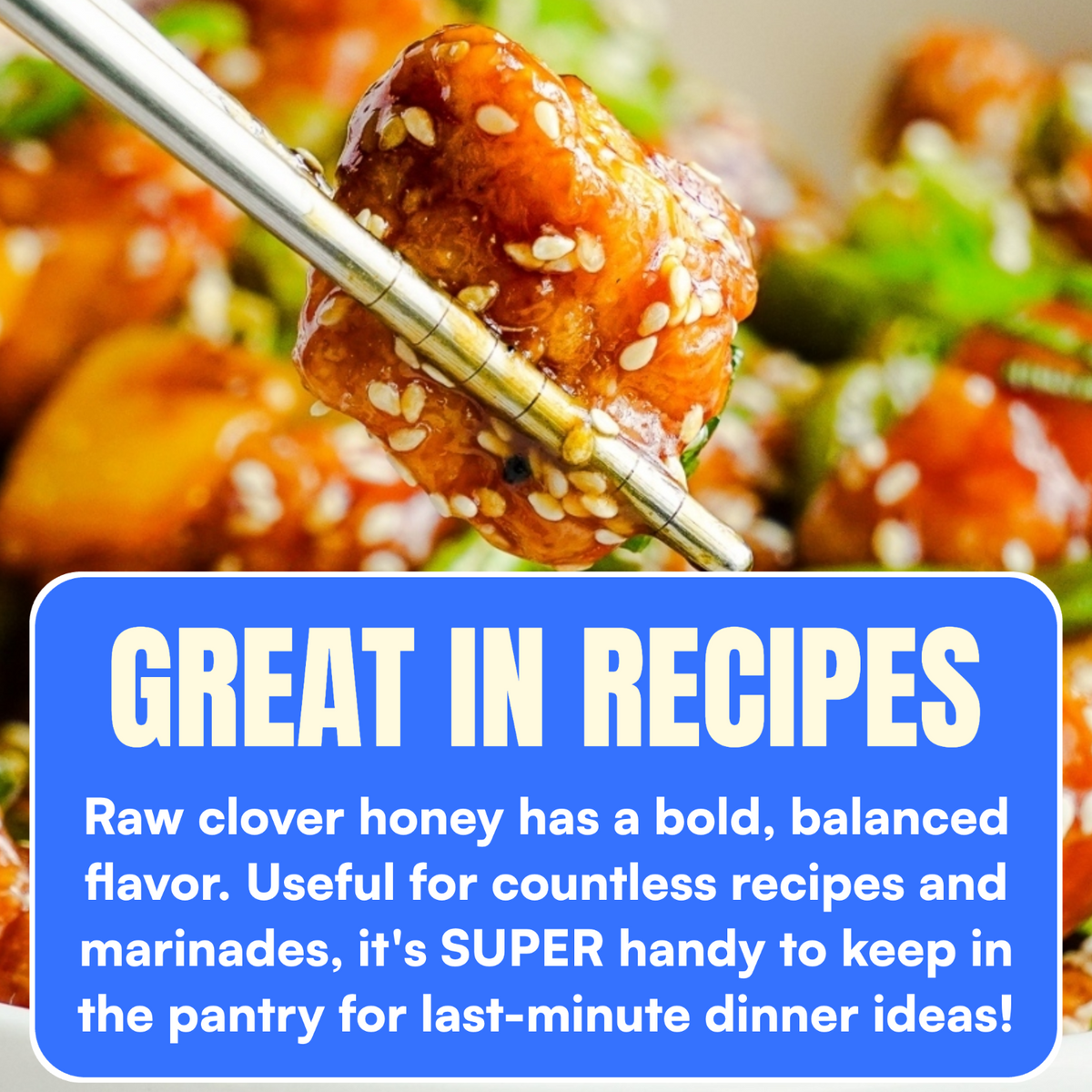 Sesame-covered dish with chopsticks and text about raw unfiltered clover honey's uses in recipes.