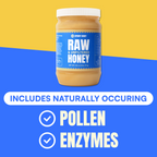 Jar of raw unfiltered honey with a blue label on a yellow and blue background