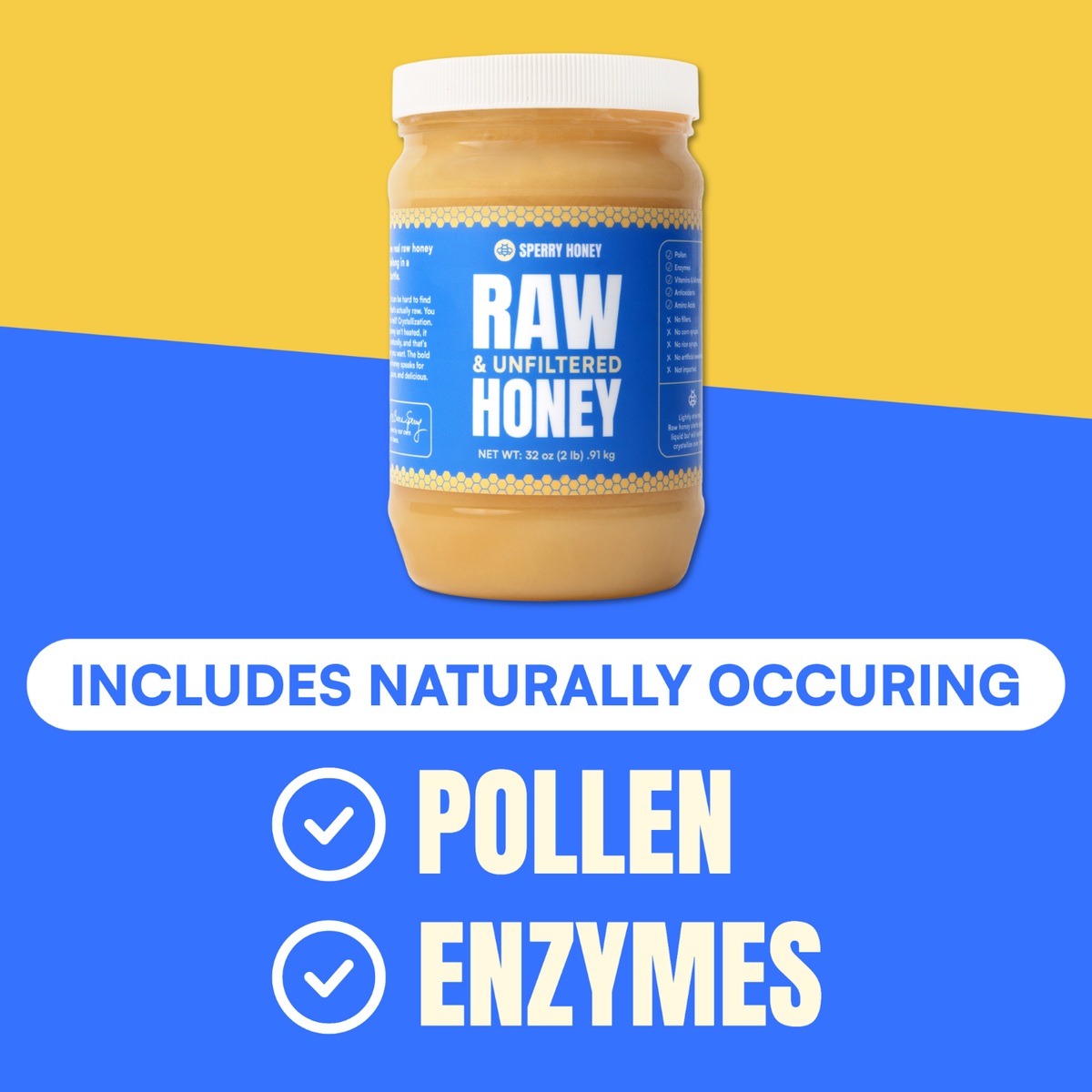 Jar of raw unfiltered honey with a blue label on a yellow and blue background