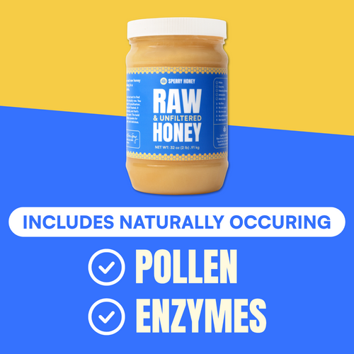 Jar of raw unfiltered honey with a blue label on a yellow and blue background
