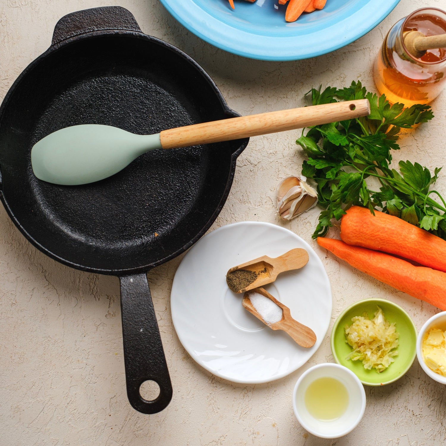 Aerial photos of ingredients for honey glazed carrots