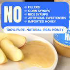 Raw unfiltered honey with apple slices and a label highlighting '100% pure, natural, real honey' without fillers or artificial sweeteners.