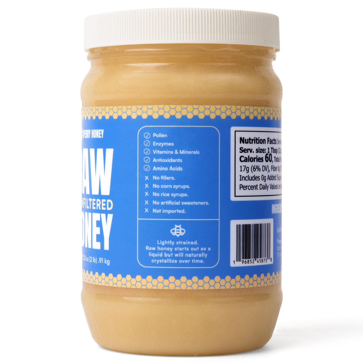 Jar of honey with a blue label on a white background