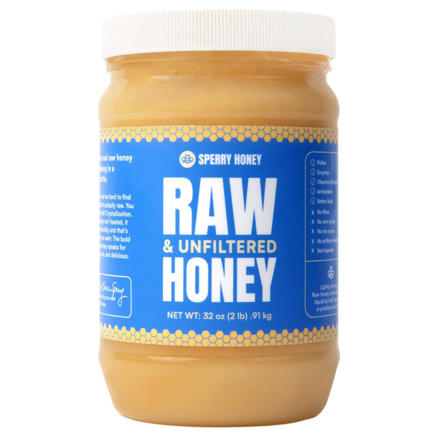 Jar of Sperry Honey Raw & Unfiltered Honey on a white background