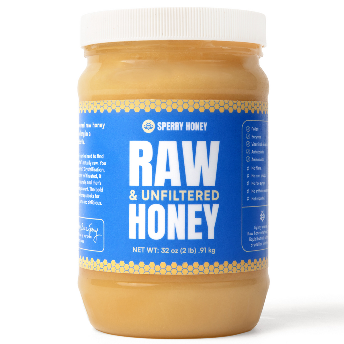 Jar of Sperry Honey raw and unfiltered honey on a white background