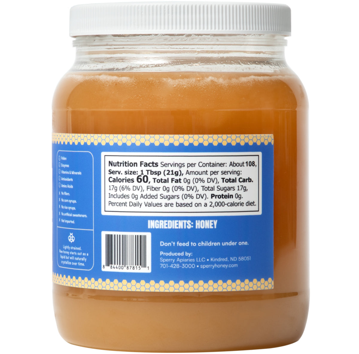 Back of a jar of 5 lb raw and unfiltered honey on a white background