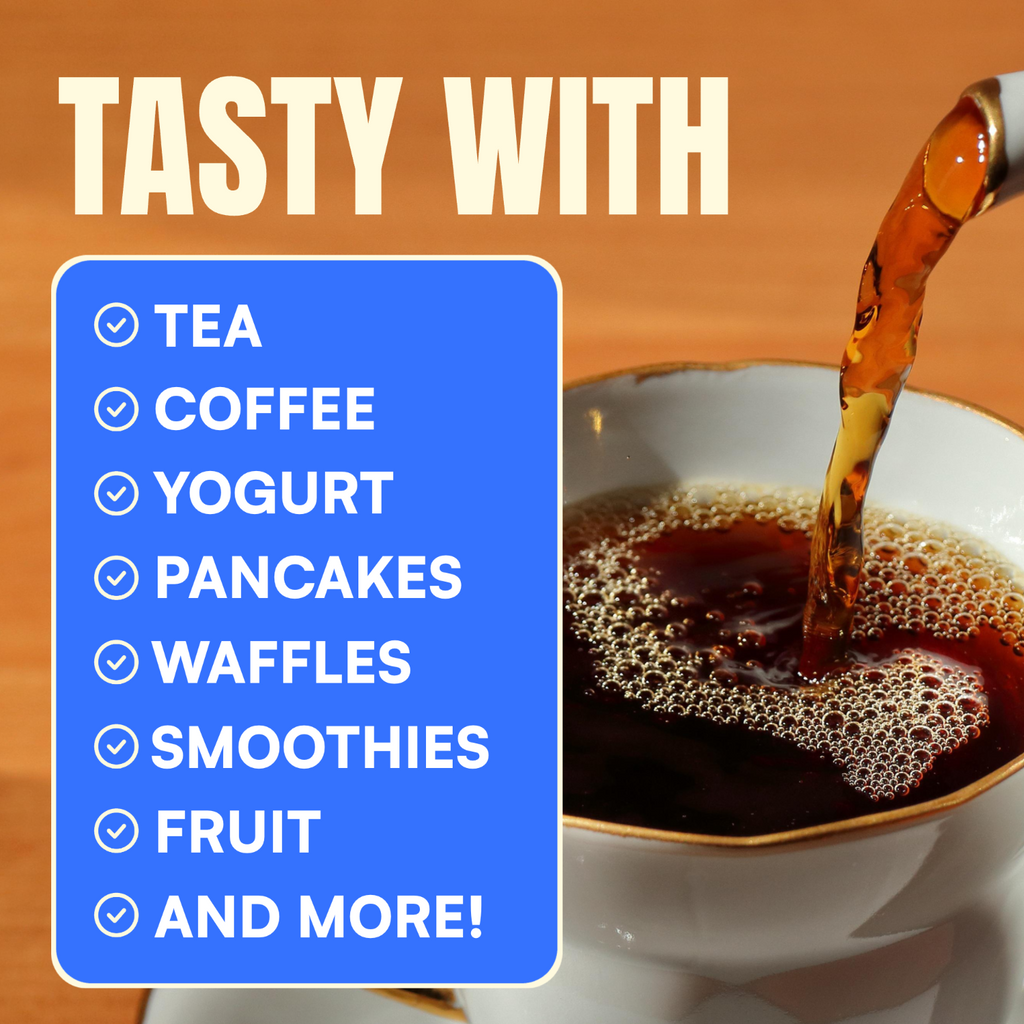 Cup of coffee with a list of items that raw unfiltered honey is tasty with on a blue background