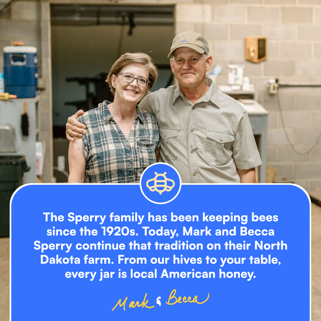 Mark and Rebecca Sperry standing together with a blue banner about Sperry family beekeeping.
