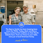 Mark and Rebecca Sperry standing together with a blue banner about Sperry family beekeeping.